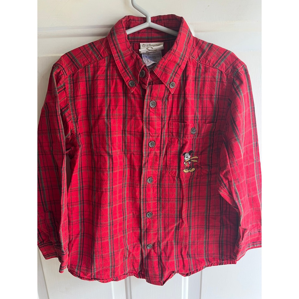 Vintage Disney Store Kids‎ XS Mickey Mouse Embroidered Plaid Holiday Button Down